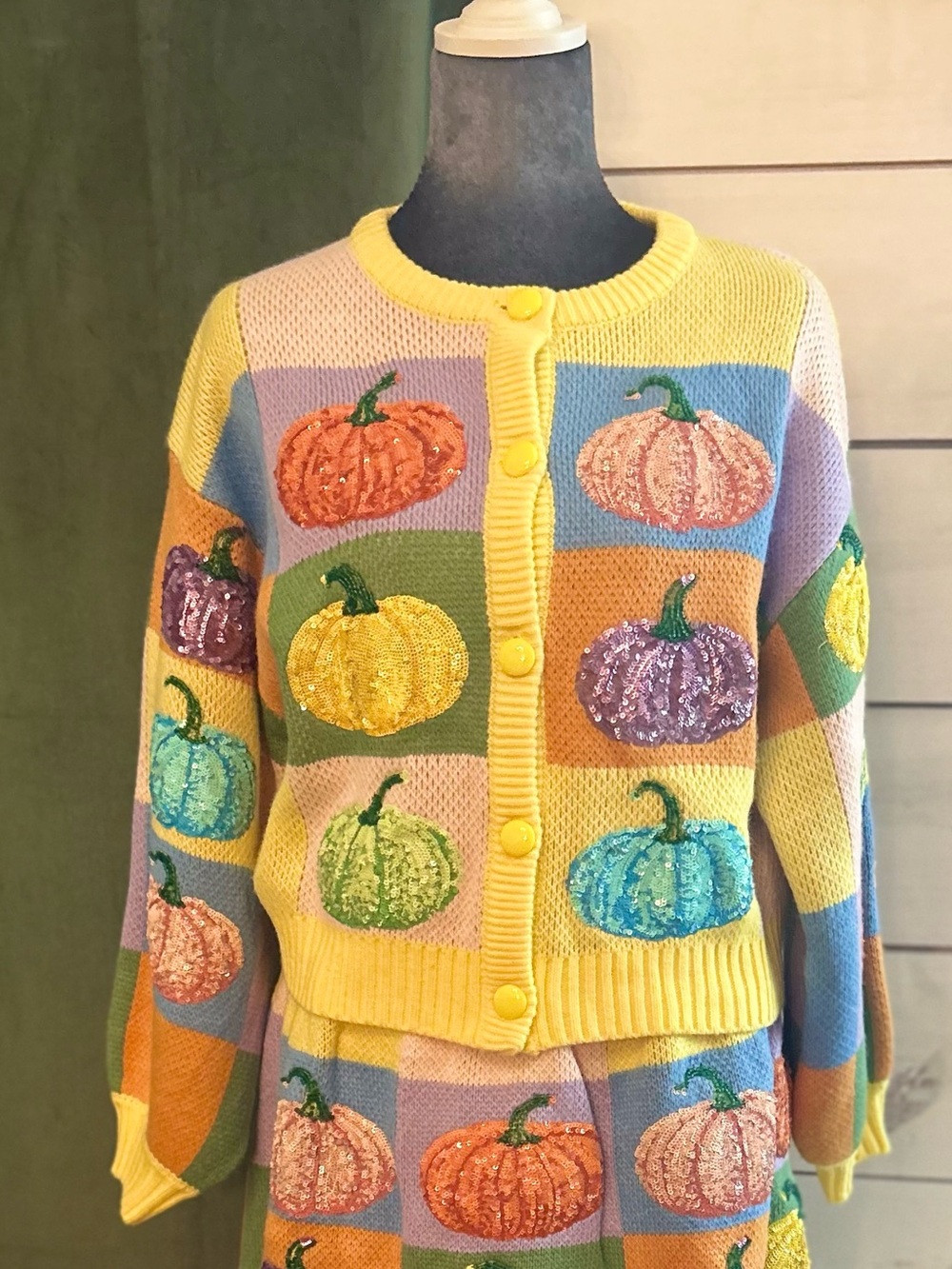 QUEEN OF SPARKLES Yellow colorblock Pumpkin cardigan